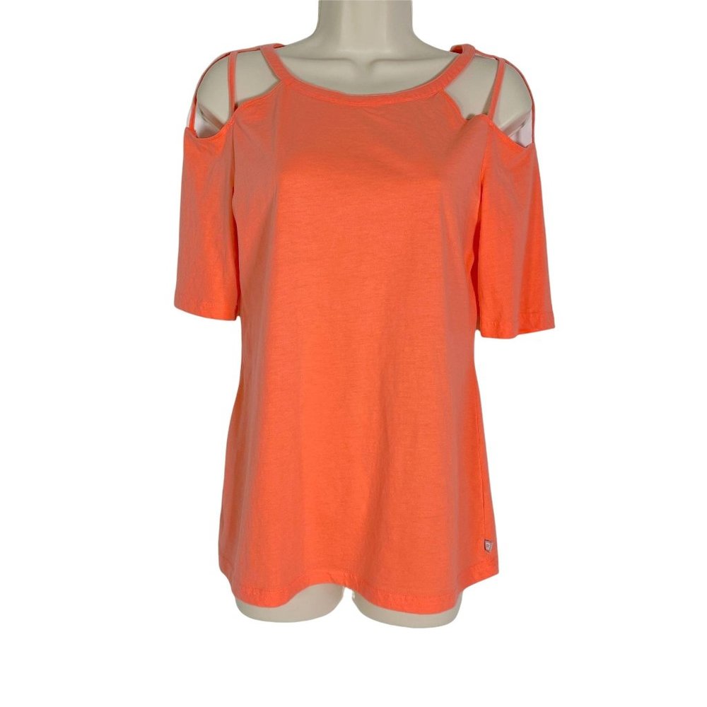 4/$25 Fabletics Top Cage Starburst‎ Short Sleeve Shirt Orange Color Women's Sz M
